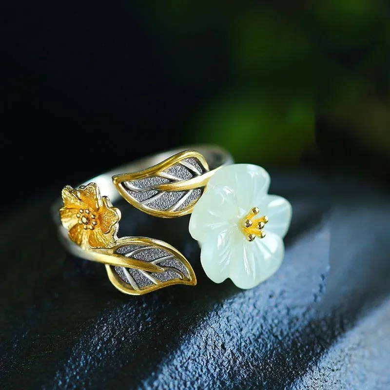 Men'S Fashion Jewelry - 925 Gümüş Beyaz Hetian Yeşim Çiçek